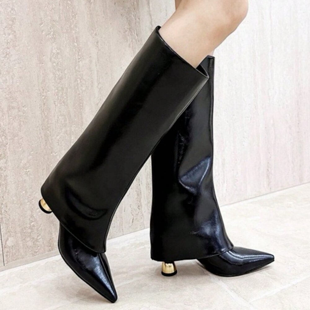 Black Western Style Women's High Riding Pointed Toe Boots - Picture 4 of 8